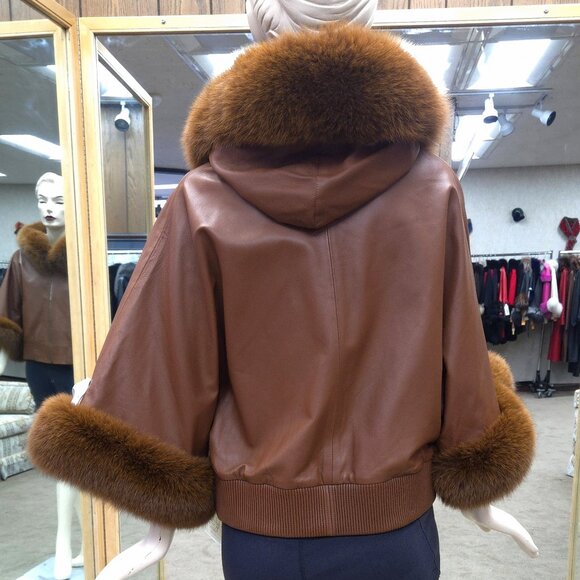 Brown Cabretta Lamb Cape Jacket with Fox Fur Trim